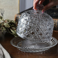 キラキラしたガラスが美しい皿付きチーズドーム（皿直径21.5cm）　フランスアンティークガラス雑貨