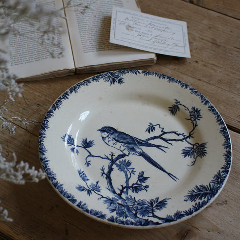 ジアン窯青い鳥模様の平皿（直径23.5cm）　フランスアンティーク食器