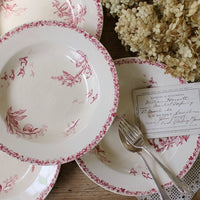 6枚あり！ショワジールロワ窯ピンクの鳥模様が可愛いスープ皿（直径24cm）　フランスアンティーク食器