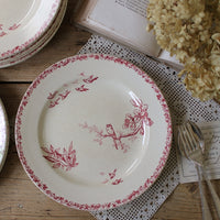 1枚あり！ショワジールロワ窯ピンクの鳥模様が可愛い平皿（直径24cm）　フランスアンティーク食器