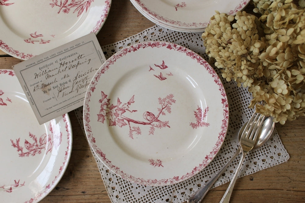 1枚あり！ショワジールロワ窯ピンクの鳥模様が可愛いパン皿（直径20.5cm）　フランスアンティーク食器　