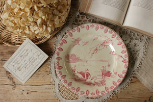 ジアン窯白鳥が描かれた(CYGNES)赤い平皿（直径23.5cm）　フランスアンティーク陶器雑貨
