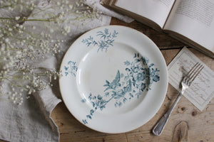 LONGWY窯美しい花と２羽の鳥（MIGNON)平皿（直径21cm）　フランスアンティーク陶器雑貨