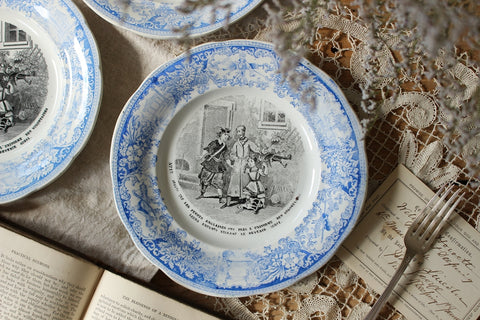 3枚あり！クレイユモントロー窯爽やかなブルーのグリザイユ（直径19.5cm）　フランスアンティーク食器