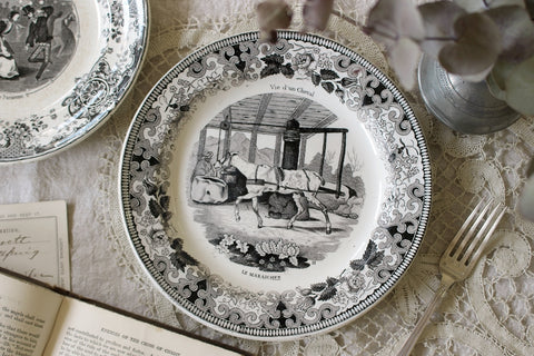 1819年クレイユモントロー窯馬の絵柄のグリザイユ（直径21cm）　フランスアンティーク食器