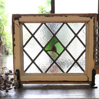 格子模様に緑のグラデーションの美しいステンドグラス　イギリスアンティーク(住宅窓) 47x40.5cm