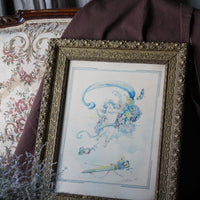 アールヌーボー調フレームが美しい天使の水彩画　フランスアンティークインテリア雑貨