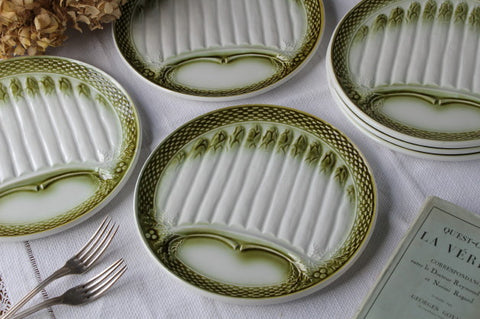 3枚あり！品のある落ち着いたデザインのムーランデルー窯アスパラガスプレート（皿）　フランスアンティーク食器（陶器）
