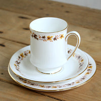 オレンジとブラウンの植物の絵柄が素敵なトリオ、カップ&ソーサー　イギリスアンティーク食器