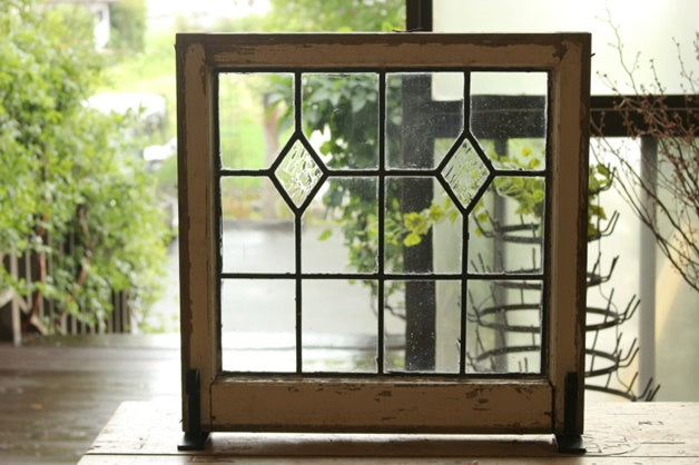 クリアガラスとダイヤのステンドグラス イギリスアンティーク(住宅窓) 56cm×56cm