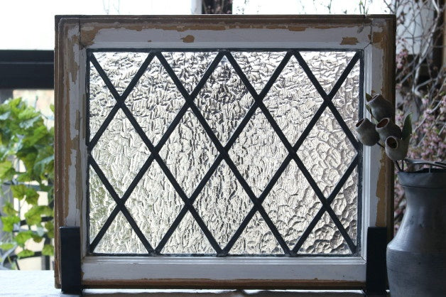 無色の斜め格子模様のステンドグラス イギリスアンティーク(住宅窓) 47.5cm×48cm