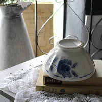 ステンシルのブルーの花が印象的なカフェオレボウル　フランスアンティーク食器