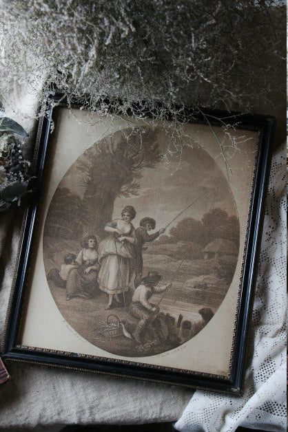 1820年代黒の額縁がかっこいい古い絵　イタリアアンティーク雑貨