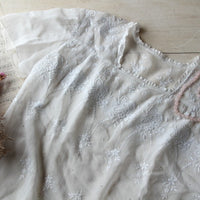 白の刺繍に爽やかなイメージのレースブラウス（生地）　フランスアンティークレース