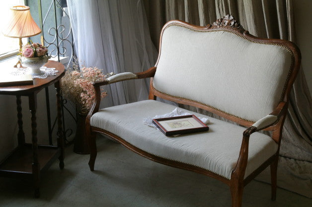 リネンの2人掛けナポレオン３世ソファ　椅子　フランスアンティーク家具