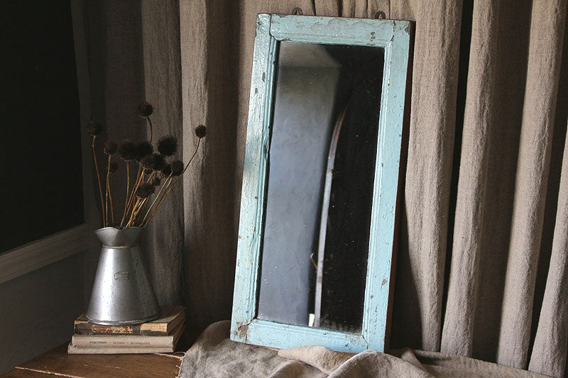 イギリスアンティーク家具　木製ミラー（鏡）　ブルーグレーペイント　長辺61cm