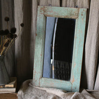 イギリスアンティーク雑貨　木製ミラー（鏡）　ブルーグレーペイント　長辺50.5cm