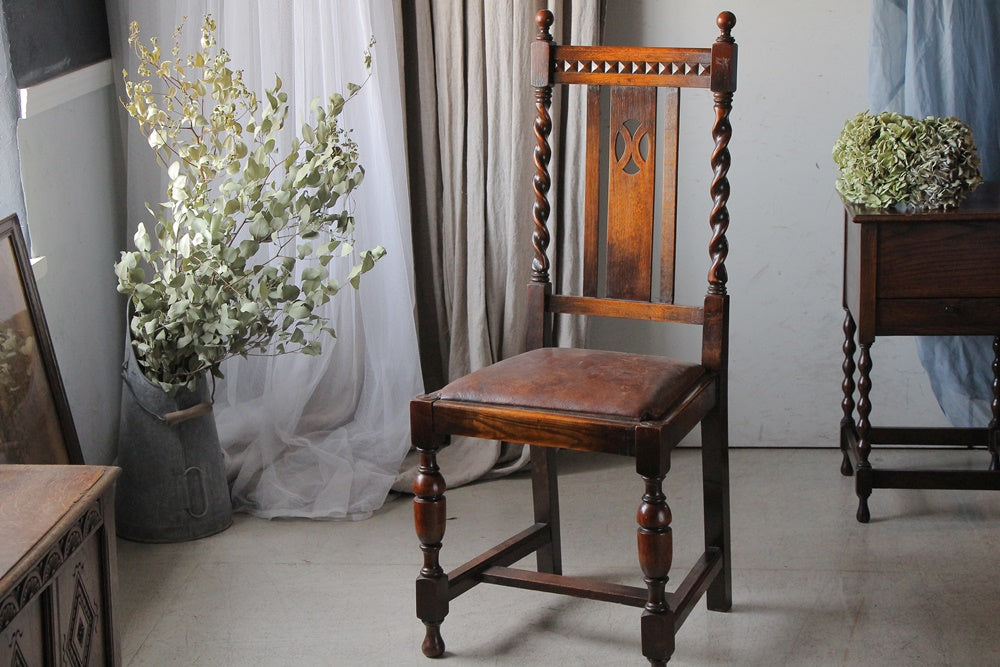 4脚あり！1920年代オーク材レザーハイバックチェア（椅子）　イギリスアンティーク家具