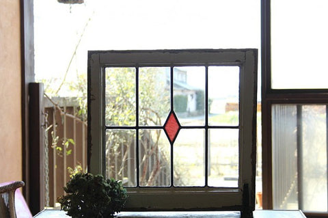 乳白色の濃いピンクダイヤステンドグラス イギリスアンティーク(住宅窓) 51cm×49cm