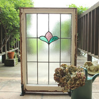 扉にいいサイズ！ピンク花のステンドグラス　イギリスアンティーク（住宅窓）51.5cmx80cm