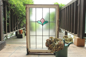 扉にいいサイズ！ピンク花のステンドグラス　イギリスアンティーク（住宅窓）51.5cmx80cm