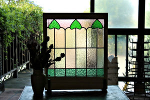 ２枚あり！緑のハートのパステルカラーステンドグラス　イギリスアンティーク(住宅窓）51.5cmx62.5cm