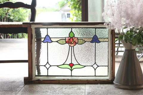 ラスト1点！花びらが美しいバラのステンドグラス イギリスアンティーク(住宅窓) 71cm×47cm