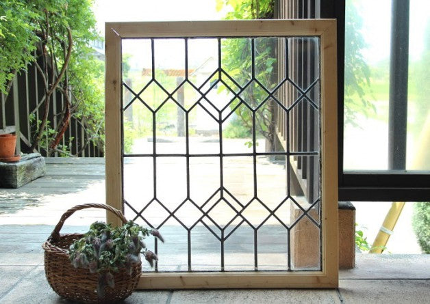 ダイヤ模様が重なる無色のステンドグラス　イギリスアンティーク(住宅窓)63.5cmx73.5cm