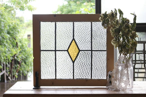 ２枚あり！鮮やかな黄色が綺麗なダイヤのステンドグラス　イギリスアンティーク(住宅窓）51cmx46cm