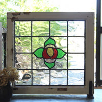 ゆらゆらしたガラスに華やかなバラのステンドグラス　イギリスアンティーク(住宅窓)55cmx51cm