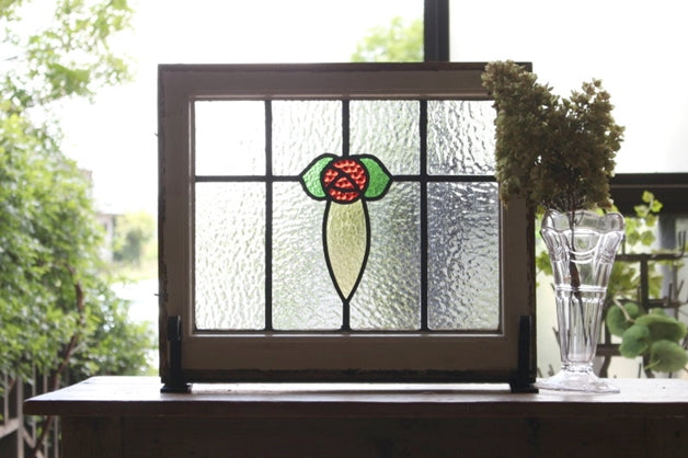 2枚あり！ぽこぽこしたガラスの花びらが可愛いバラのステンドグラス イギリスアンティーク(住宅窓) 52cm×44.5cm