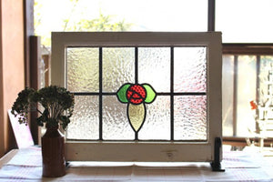 ２枚あり！丸いバラが可愛らしい花柄ステンドグラス　イギリスアンティーク（住宅窓）54cmx42cm