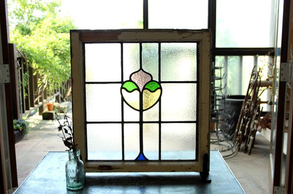 2枚あり！ピンク紫色のハート型ステンドグラス イギリスアンティーク