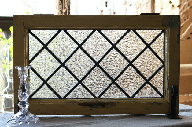 シンプルな無色の格子幾何学模様ステンドグラス イギリスアンティーク(住宅窓) 54cm×33cm