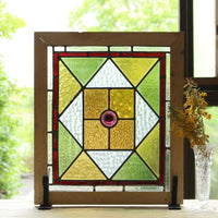 色々なガラスが使われた幾何学模様ステンドグラス　イギリスアンティーク(住宅窓)　47.5㎝×55.5㎝