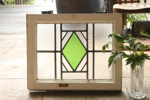 目隠し効果のある緑のダイヤ柄ステンドグラス　イギリスアンティーク(住宅窓)　51cm×42cm