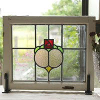 四角い赤いバラのステンドグラス　イギリスアンティーク(住宅窓)　50.5cm×41.5cm