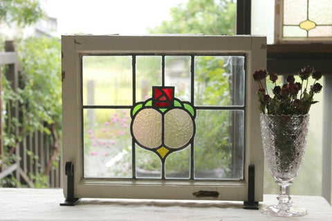 四角い赤いバラのステンドグラス　イギリスアンティーク(住宅窓)　50.5cm×41.5cm