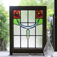 バラのグラデーションが美しいステンドグラス　イギリスアンティーク(住宅窓)　45㎝×58.5㎝