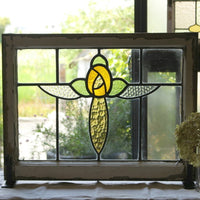 透明ガラス　バラ模様のステンドグラス　イギリスアンティーク(住宅窓)　62.5cm×48.5cm