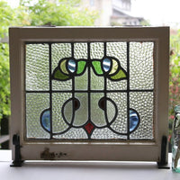 向かい合った青い花模様のステンドグラス　イギリスアンティーク(住宅窓)　52cm×44.5cm