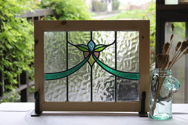 緑色の花模様のステンドグラス イギリスアンティーク(住宅窓) 50.5 