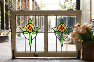 2分割の黄色いバラのステンドグラス　イギリスアンティーク(住宅窓)85cm×59cm