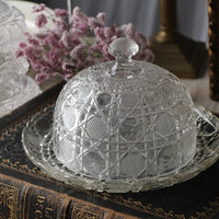 繊細なカットが美しいチーズドーム（皿付き）　フランスアンティークガラス雑貨　