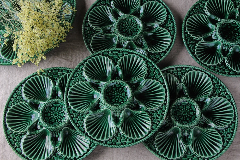 複数枚あり！鮮やかな緑が印象的なオイスターディッシュ　フランスアンティーク陶器雑貨