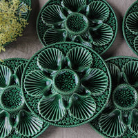 ３枚あり！鮮やかな緑が印象的なオイスターディッシュ　フランスアンティーク陶器雑貨