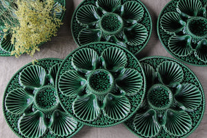 複数枚あり！鮮やかな緑が印象的なオイスターディッシュ　フランスアンティーク陶器雑貨