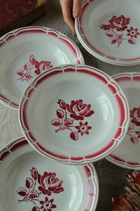 複数枚あり！バドンヴィレー窯赤いバラのステンシルスープ皿　フランスアンティーク食器