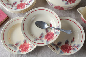 6枚あり！ステンシルのバラ模様が可愛いスープ皿（直径22.5cm）　フランスアンティーク食器