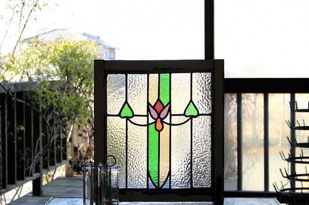 シックな風合いの花柄ステンドグラス イギリスアンティーク(住宅窓）44.5cm×49cm